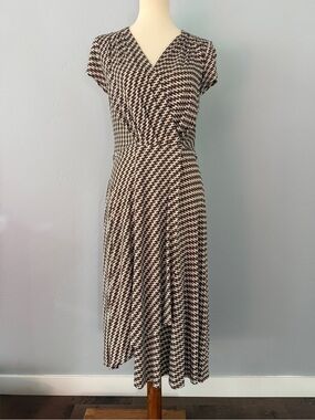 Tory Burch Midi Wrap Dress Brown White Houndstooth Geometric Print Size Medium
